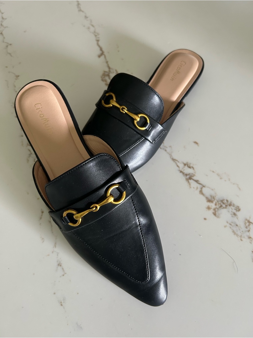 Black Leather Slip-On Mules with Gold Bit Detail - Women-Size 10 - Picture 2 of 7